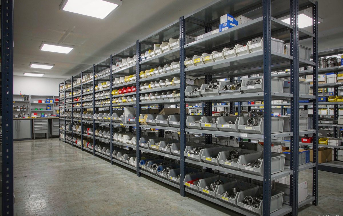 All-steel shelving in a spare parts workshop holding labelled metal bins and components