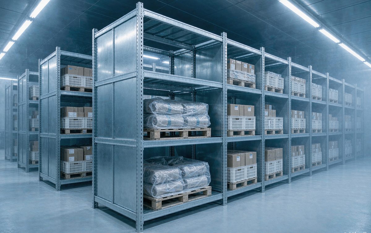 Galvanized steel shelving in a cold storage warehouse holding sealed crates and boxed goods