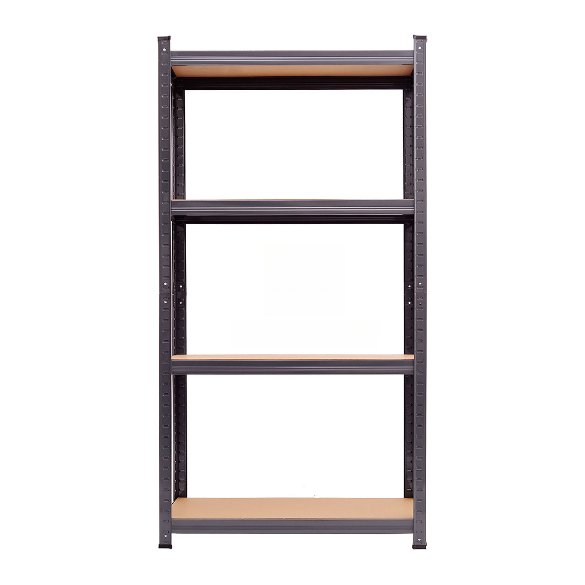 Dark grey grooved interlocking steel shelving unit, 4 tiers