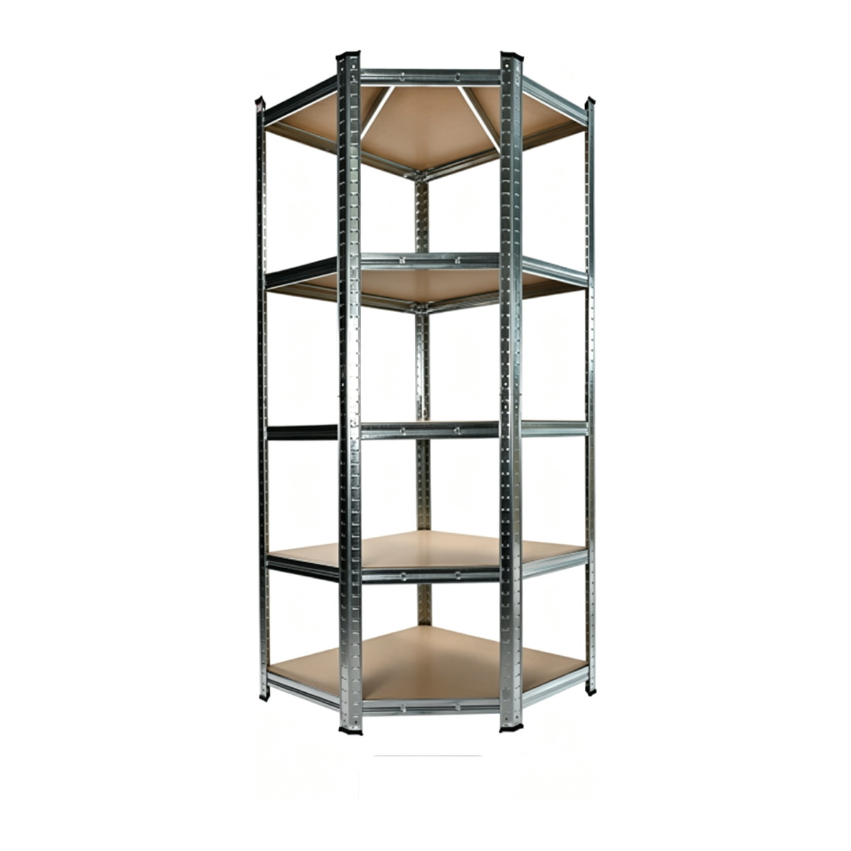 Galvanised grooved interlocking steel shelving, 5 tiers, corner configuration