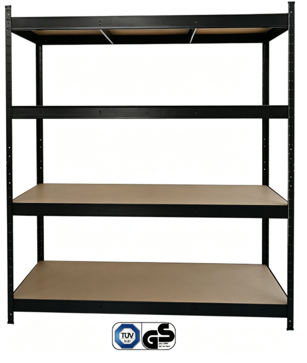 Heavy duty boltless steel racking unit in black powder coating, 4 levels