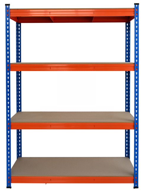 Heavy duty boltless steel shelving unit with blue uprights and orange beams, 4 levels
