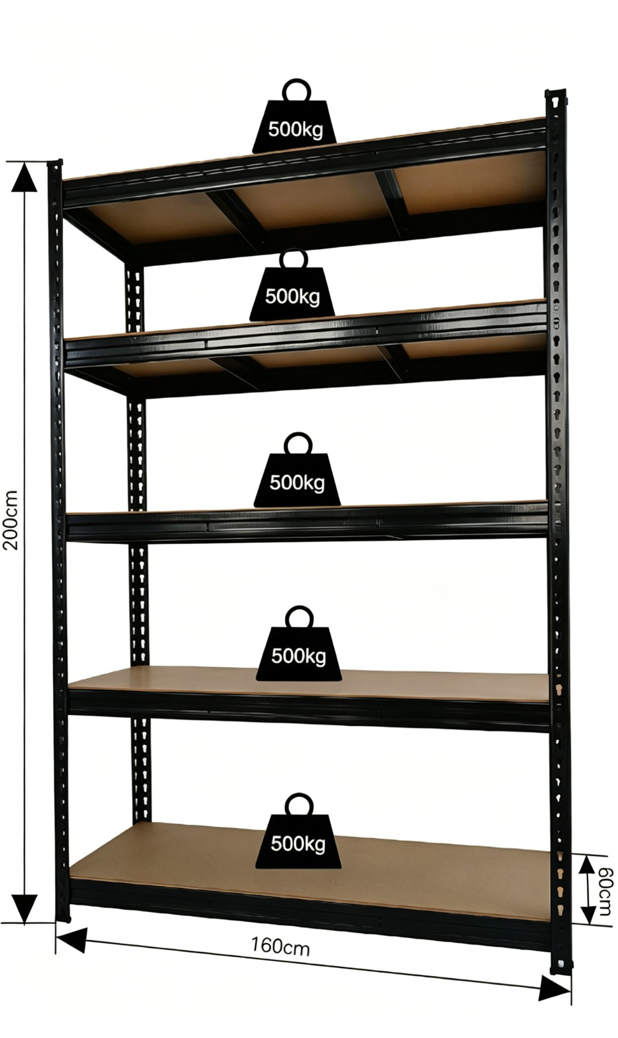 Heavy duty boltless shelving 160 cm wide, 200 cm high, 500 kg load per shelf