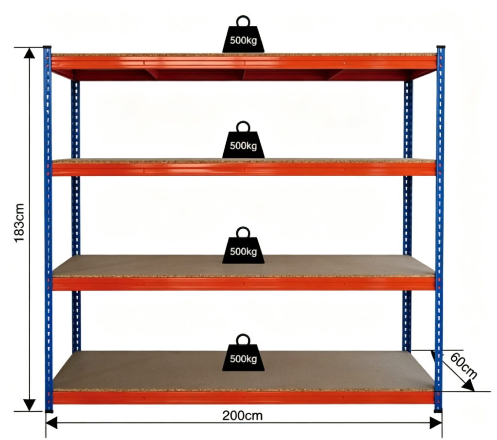 Heavy duty boltless shelving 200 x 60 x 183 cm, 500 kg capacity per shelf