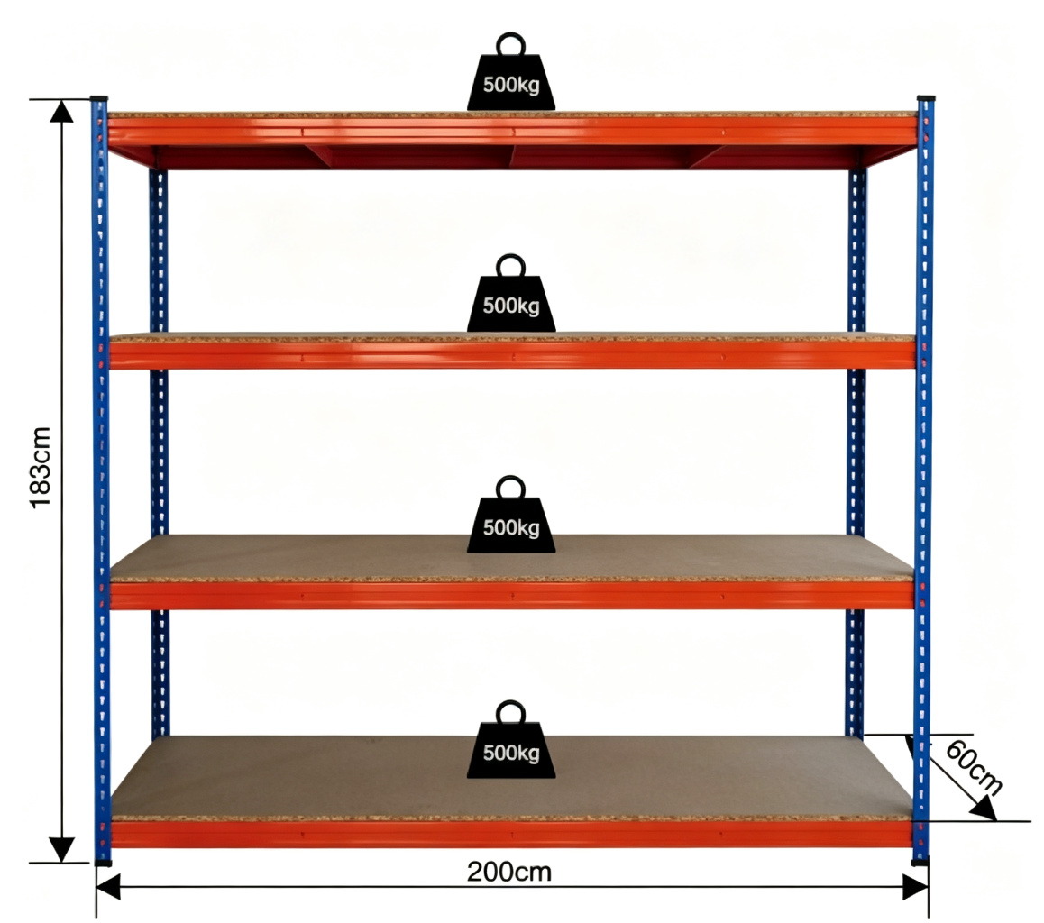 Heavy duty boltless shelving 200 x 60 x 183 cm, 500 kg capacity per shelf