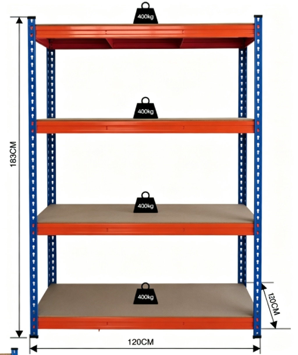 Heavy duty boltless shelving rated 500 kg per shelf, 120 cm wide, 180 cm high