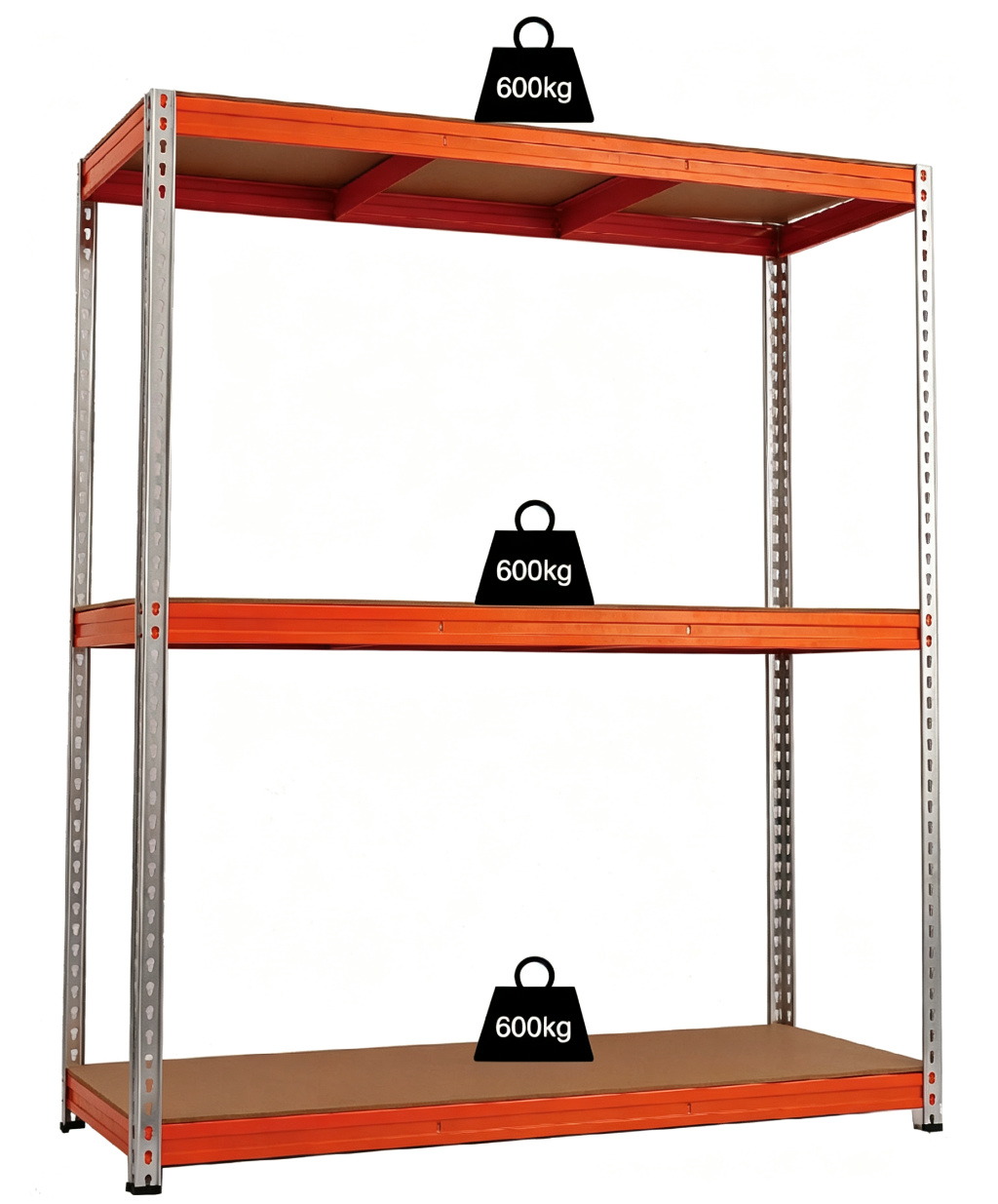 Heavy duty steel shelving with orange frame and galvanised uprights, 500 kg per shelf
