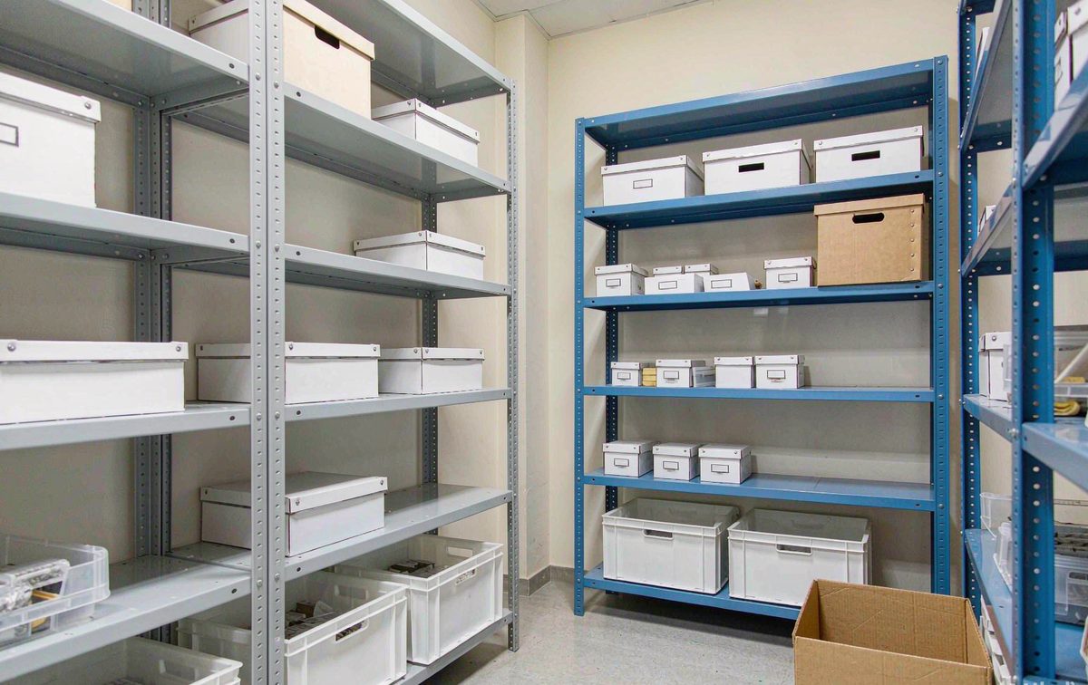Bright archive room with light duty steel shelving holding document boxes and plastic bins