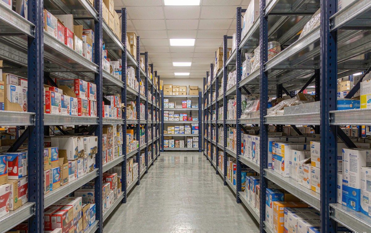 Tidy retail stockroom with flush-face steel shelving holding boxed products