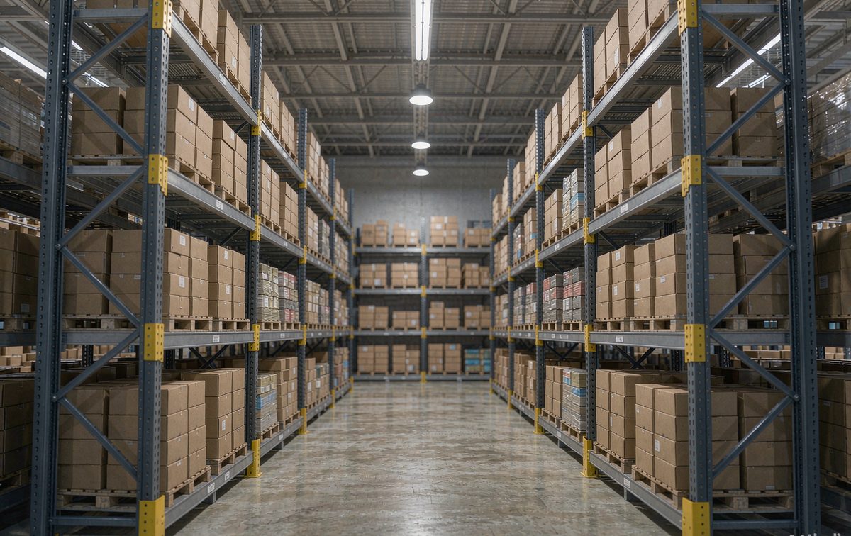 Warehouse aisle lined with bolt-together steel shelving units holding stacked cartons