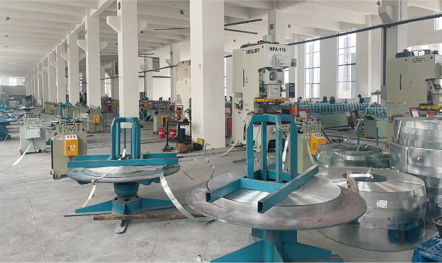 Punching workshop forming steel shelving components at Xinyuan Manufacturing