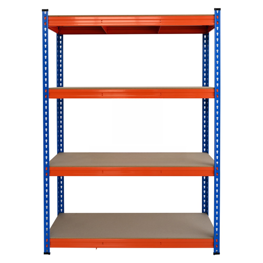 Heavy duty boltless steel shelving with blue uprights and orange beams, 500 kg per shelf