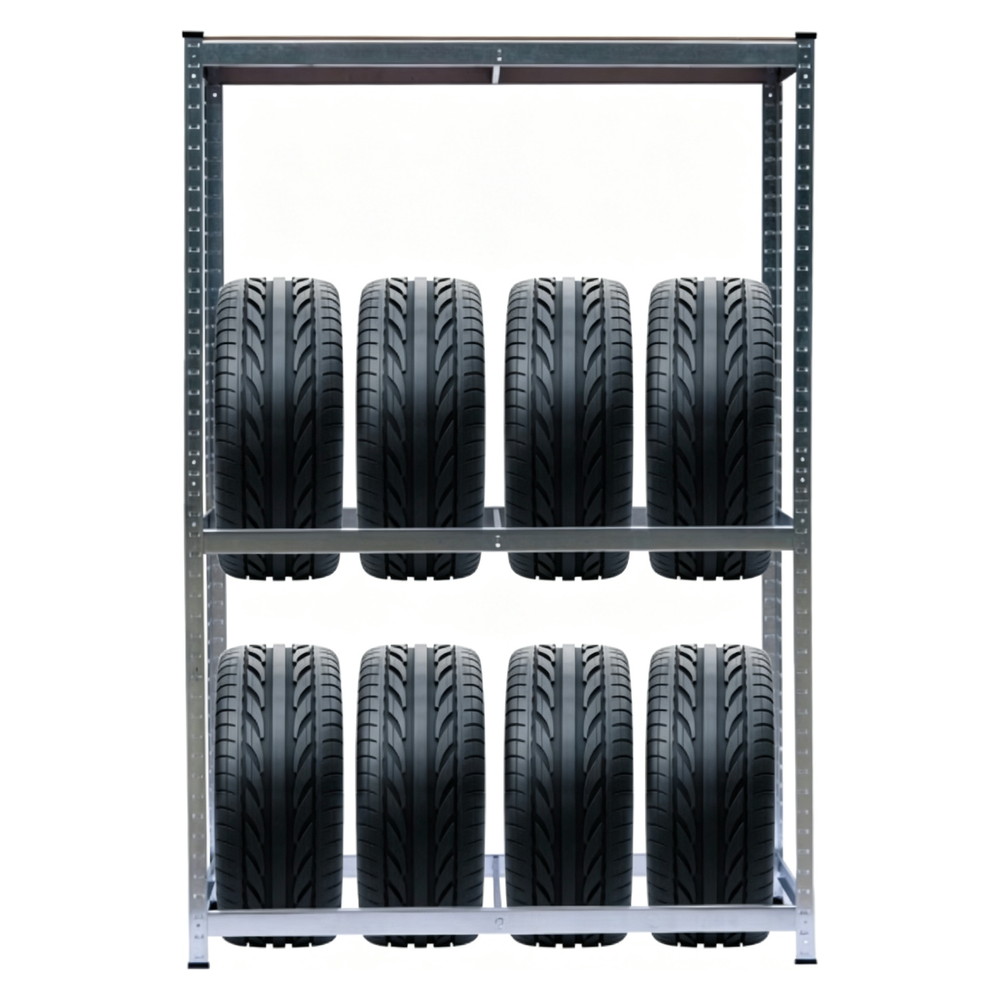 Tyre rack storing up to 120 tyres per bay with adjustable beam levels